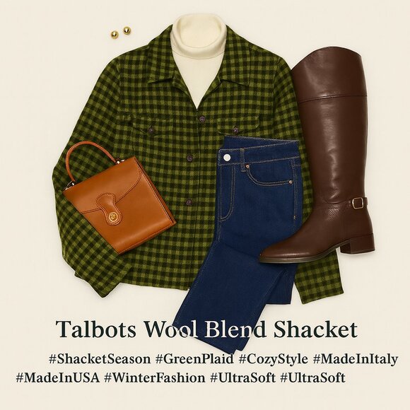 Talbots Wool Blend Green Plaid Button-Front Jacket Shacket Style Women’s Size 10 - Picture 1 of 12